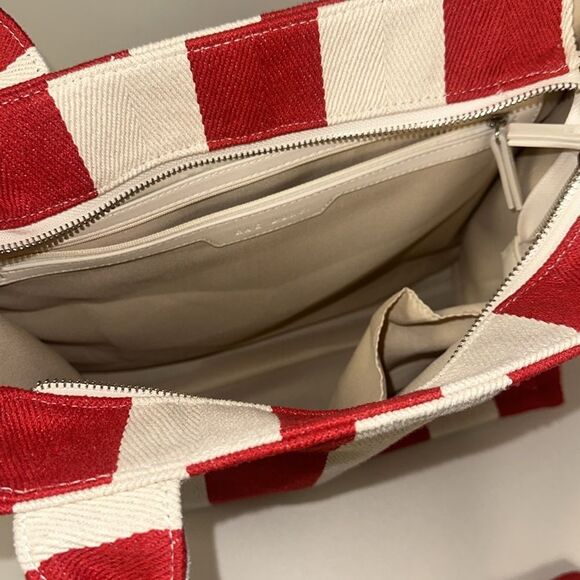 RAE DUNN Large Rare Retro Red Ivory Stripe Woven Canvas Bonjour Shopper Tote - Picture 6 of 15